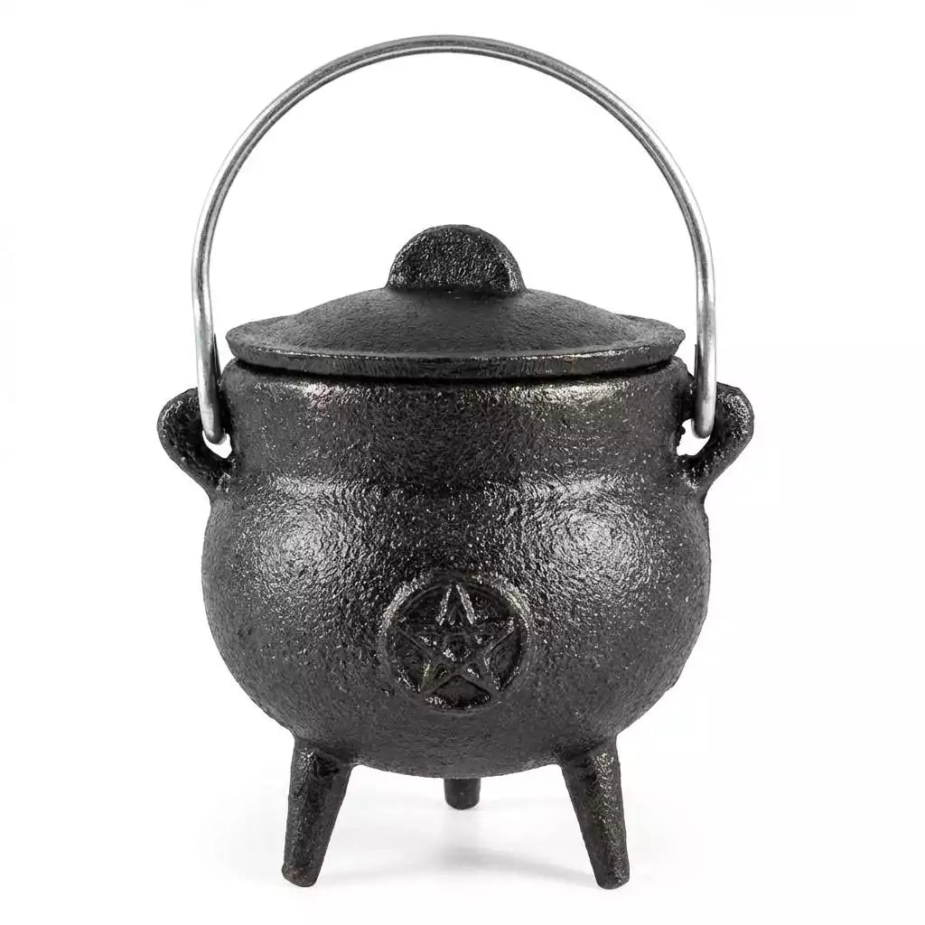 Black cast iron pentagram cauldron 3 inch with lidded top and three short legs — compact Wiccan altar incense burner.