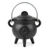 3-inch black cast iron cauldron with pentagram embossed on the side, fitted lid, three short legs, and a small handle on top.