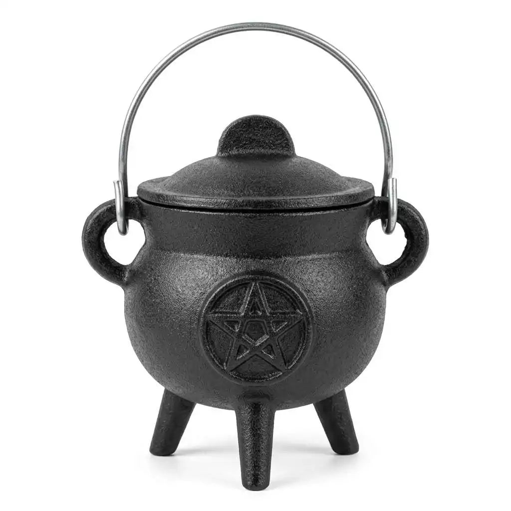 3-inch black cast iron cauldron with pentagram embossed on the side, fitted lid, three short legs, and a small handle on top.