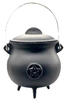 8-inch pentagram cast iron cauldron with lid — large black iron vessel with pentagram embossed on front and domed lid for serious Wiccan altar ritual work.