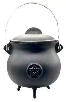 8-inch pentagram cast iron cauldron with lid — large black iron vessel with pentagram embossed on front and domed lid for serious Wiccan altar ritual work.