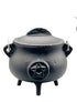 5.5-inch black cast iron pentagram cauldron with lid showing embossed pentagram star on the body — ritual altar tool for Wiccan spell work.