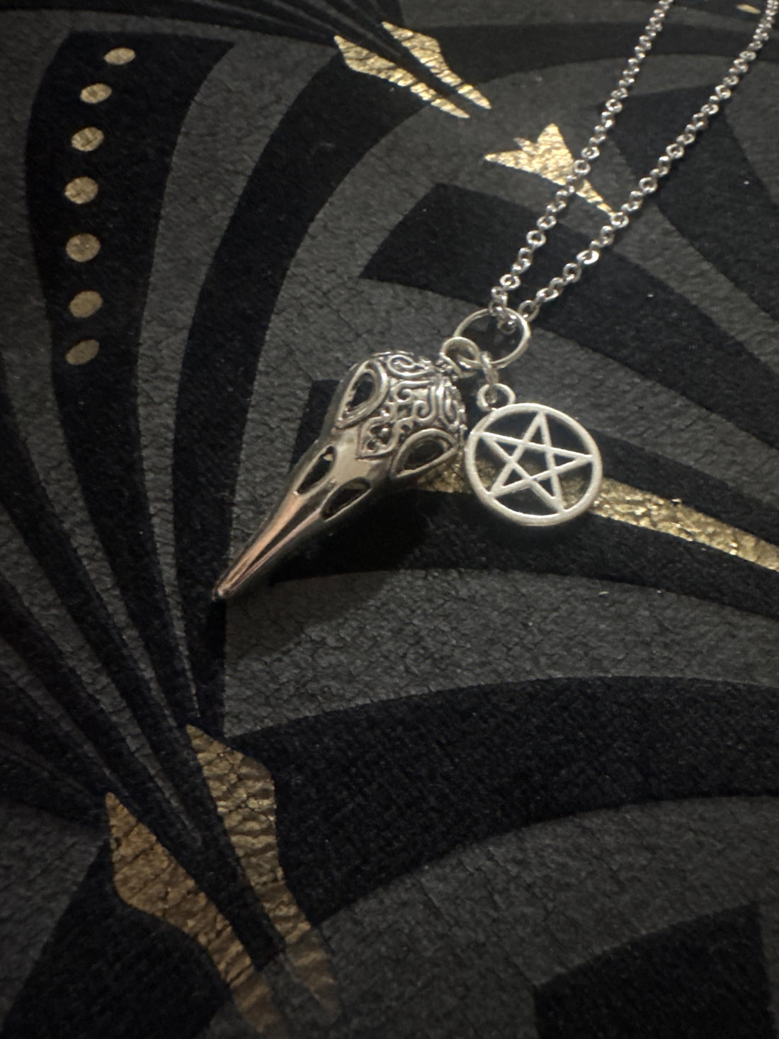 Silver Raven Skull and Pentagram Necklace