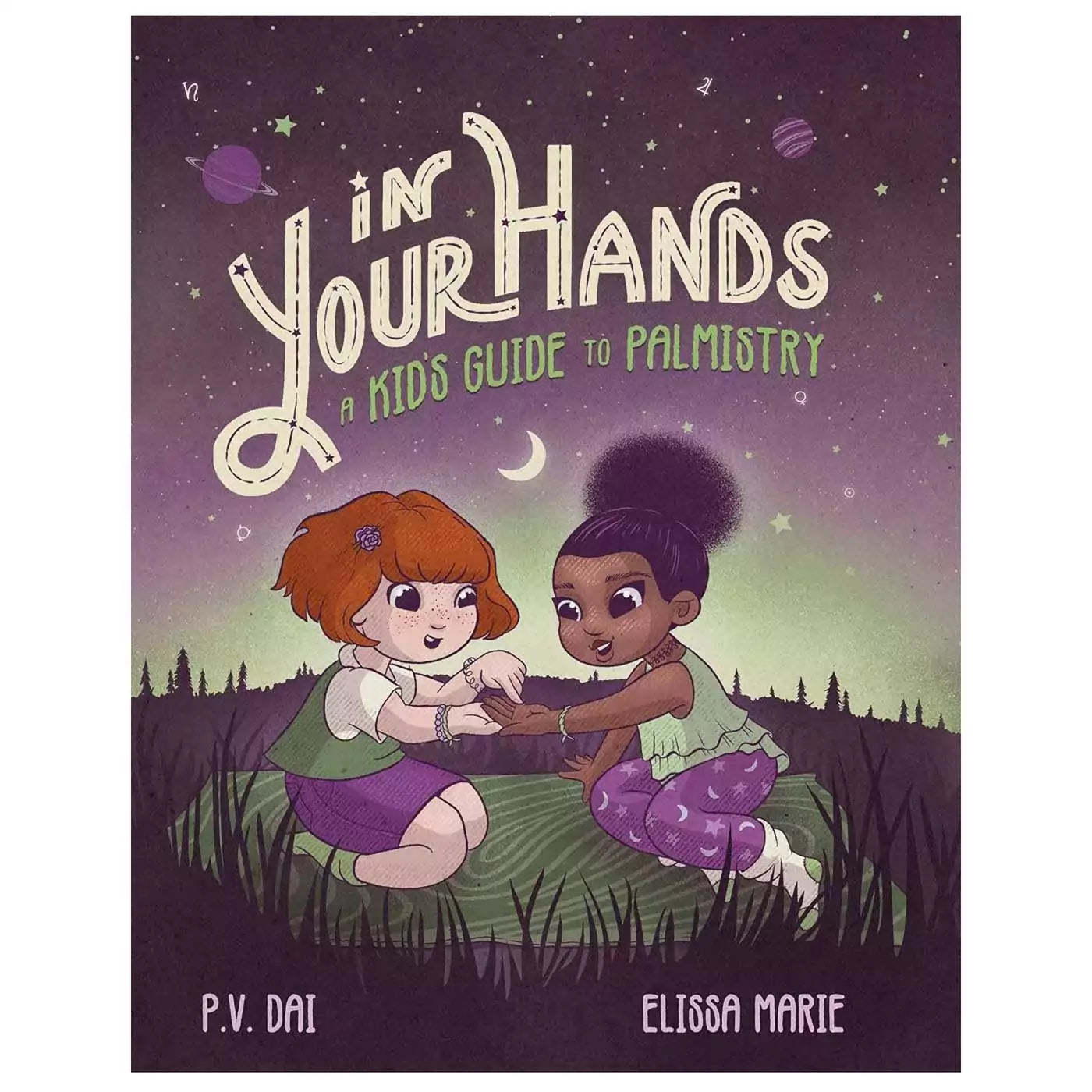 Front cover of In Your Hands hardcover palmistry book by Dai and Marie showing an illustrated hand with palm lines highlighted in gold on a dark background