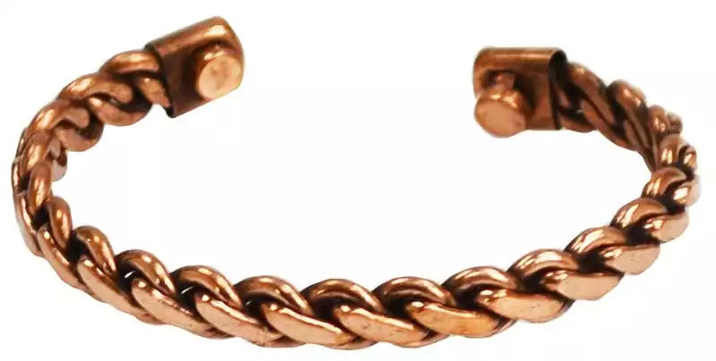 Braided copper magnetic bracelet open cuff design — twisted copper strands with simple magnetic clasp ends.