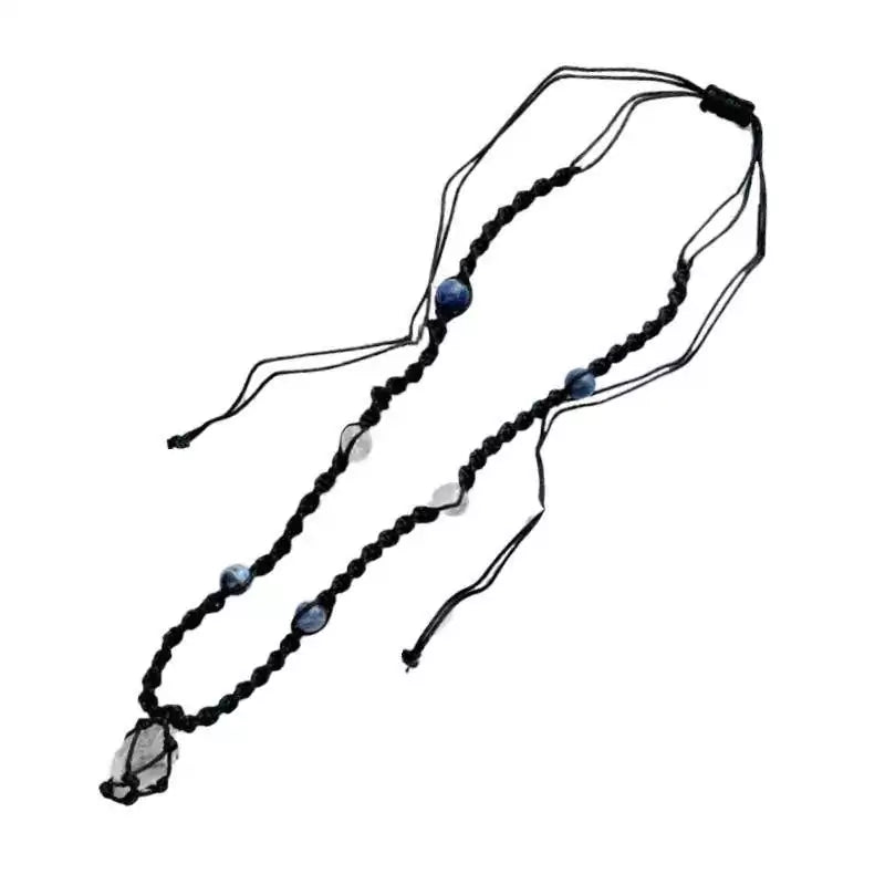 Braided black cord necklace featuring varied colored beads and a central crystal pendant with adjustable tie closure.