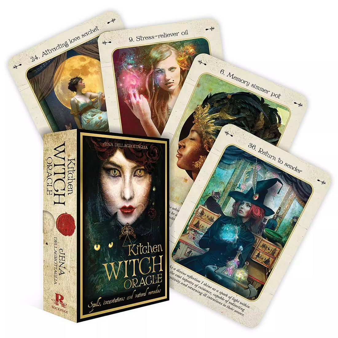 Kitchen Witch Oracle deck by Jena Dellagrottaglia showing illustrated cards with herbs, cauldrons, and hearth magic themes