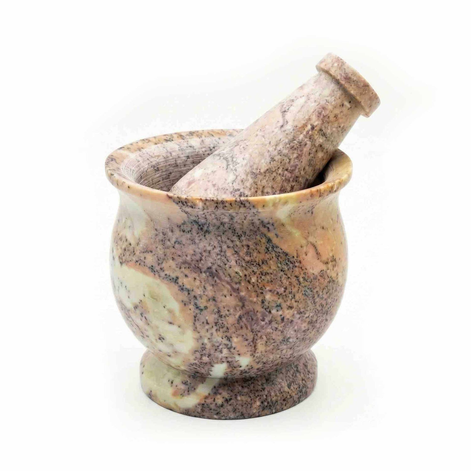 Marble-finished soapstone mortar and pestle set 3x3 inches with smooth polished interior — compact ritual herb grinding tool.
