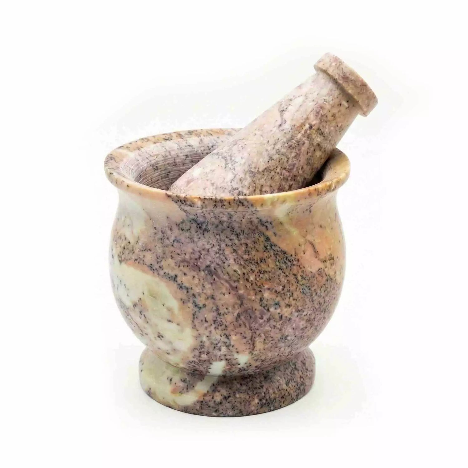 Marble-finished soapstone mortar and pestle set 3x3 inches with smooth polished interior — compact ritual herb grinding tool.