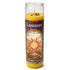 Tall yellow Lammas aromatic jar candle by Envision Crystal, featuring a sun design and floral patterns on the label, encased in a clear glass holder — handmade sabbat candle for Lughnasadh ritual.