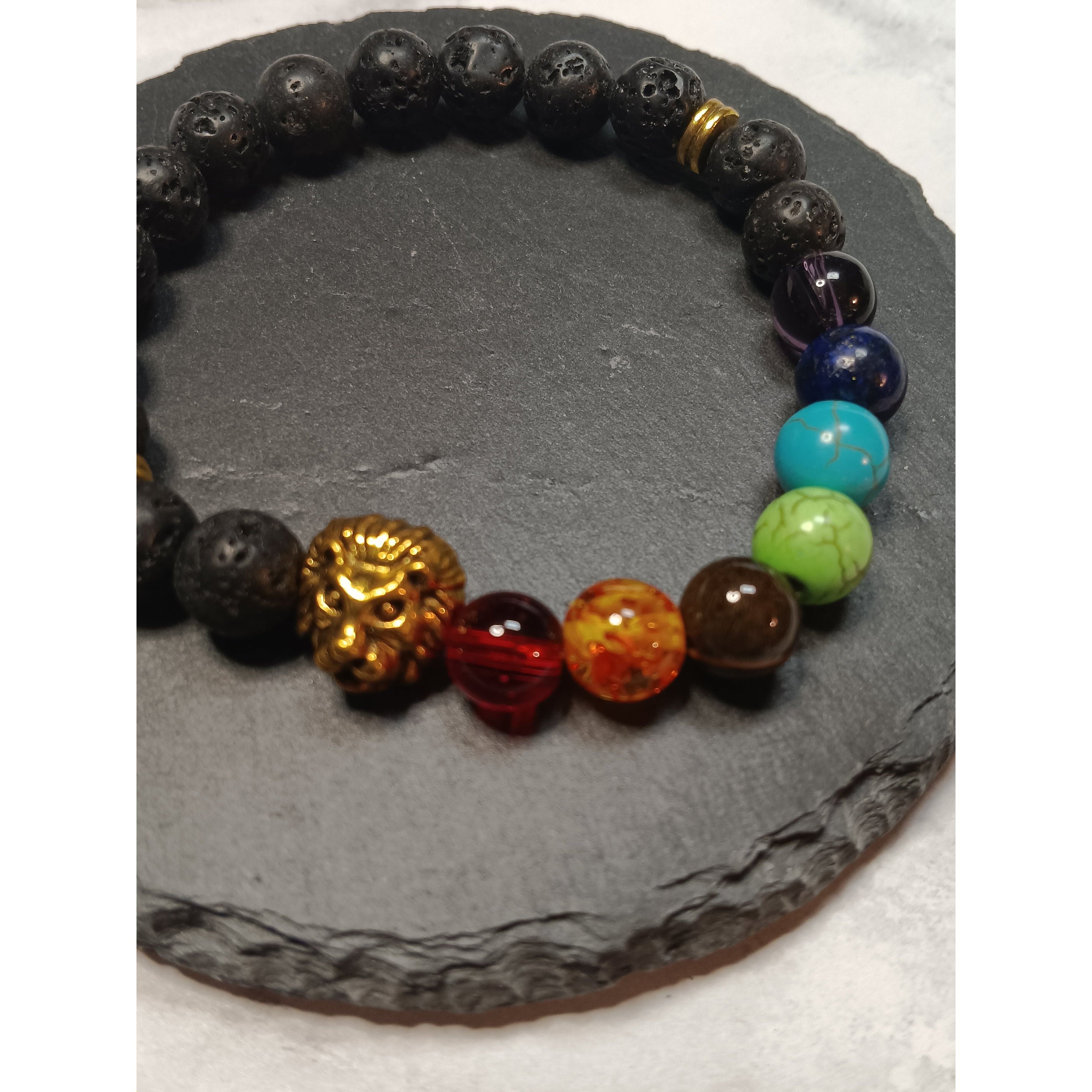 Lava &amp; Glass Beads Chakra Bracelet with Gold-Tone Lion Charm – 8mm Stretch Aromatherapy
