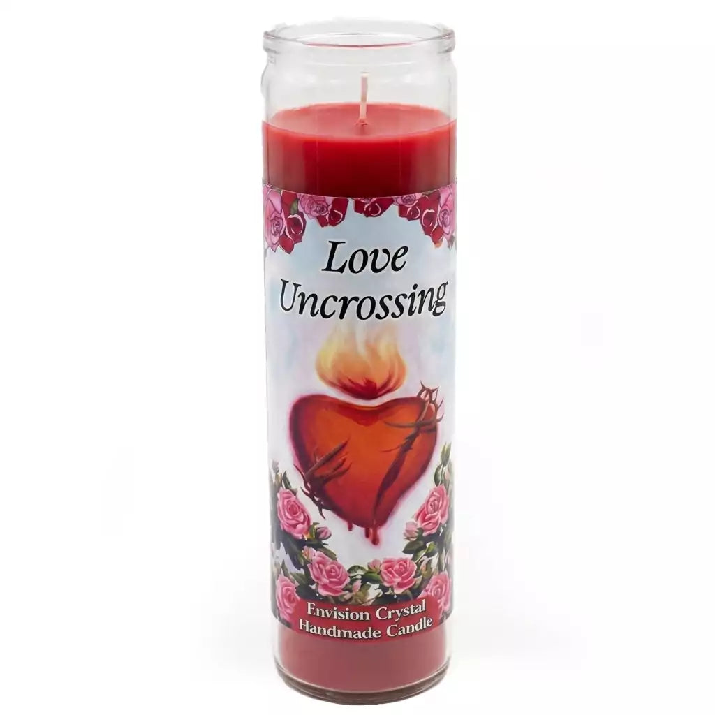 Tall red Love Uncrossing aromatic jar candle by Envision Crystal, with heart design and floral decorations on the label — handmade hoodoo jar candle for removing crossed conditions from romantic life.
