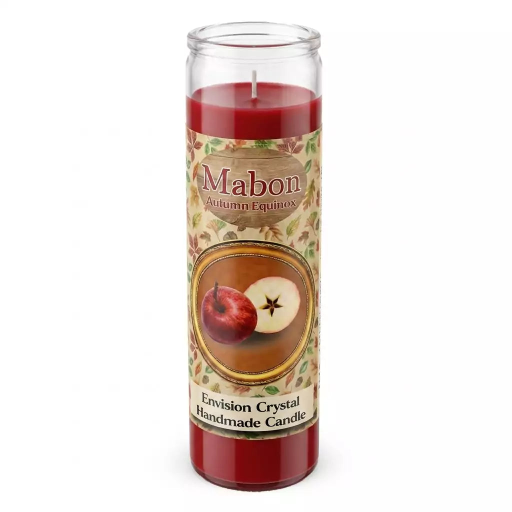 Red Mabon aromatic jar candle by Envision Crystal, with a label featuring apples and a star, designed for autumnal equinox rituals — handmade sabbat candle with all-natural herbs and scent.