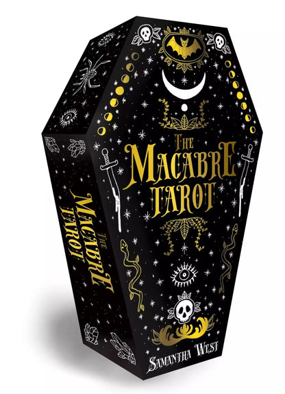 Macabre Tarot coffin-shaped box back featuring bold gothic title lettering with skull and snake motifs on a black background.