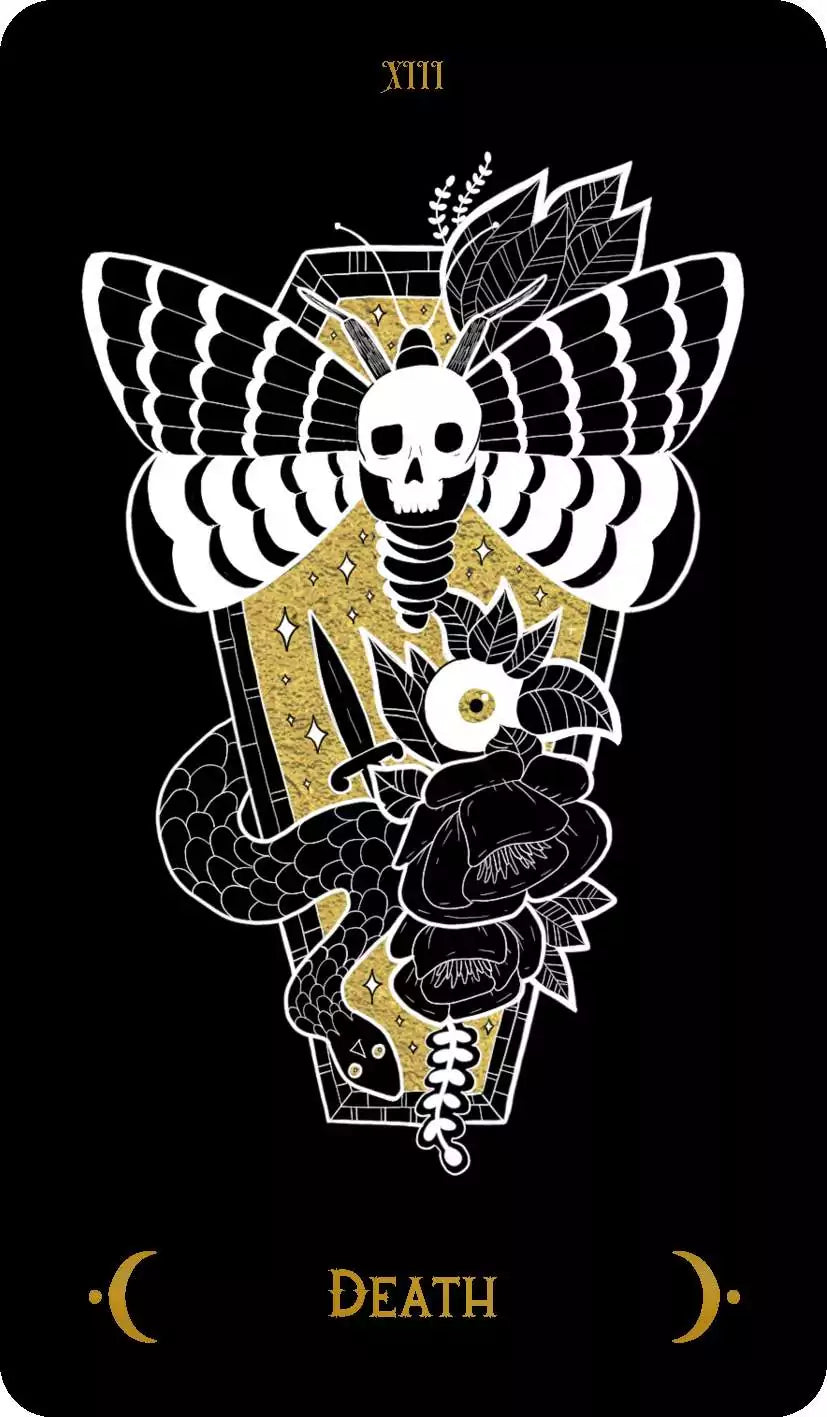 Macabre Tarot card depicting a skull with butterfly wings surrounded by a snake and roses on black background, symbolizing transformation and cycles.