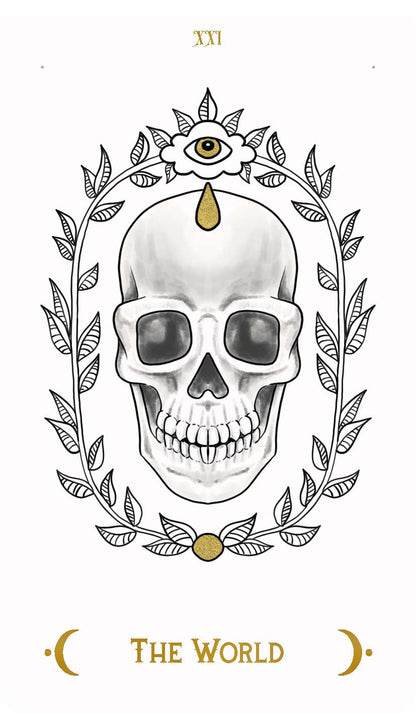 Macabre Tarot The World card showing a skull framed by decorative leaves and a flower with an eye above, symbolizing completion and enlightenment.