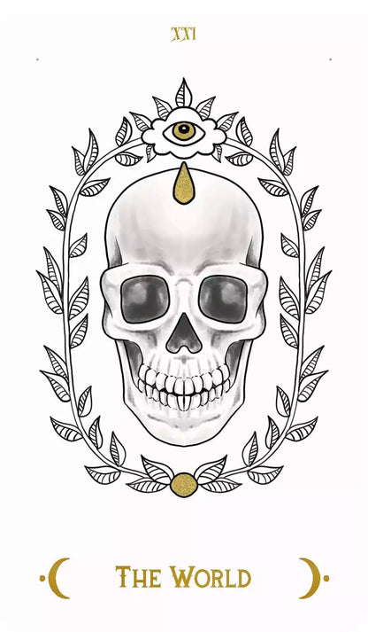 Macabre Tarot The World card showing a skull framed by decorative leaves and a flower with an eye above, symbolizing completion and enlightenment.