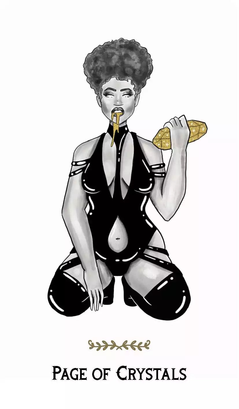 Macabre Tarot card depicting a kneeling figure in black straps holding a crystal, rendered in a stark minimal style with sparse background.
