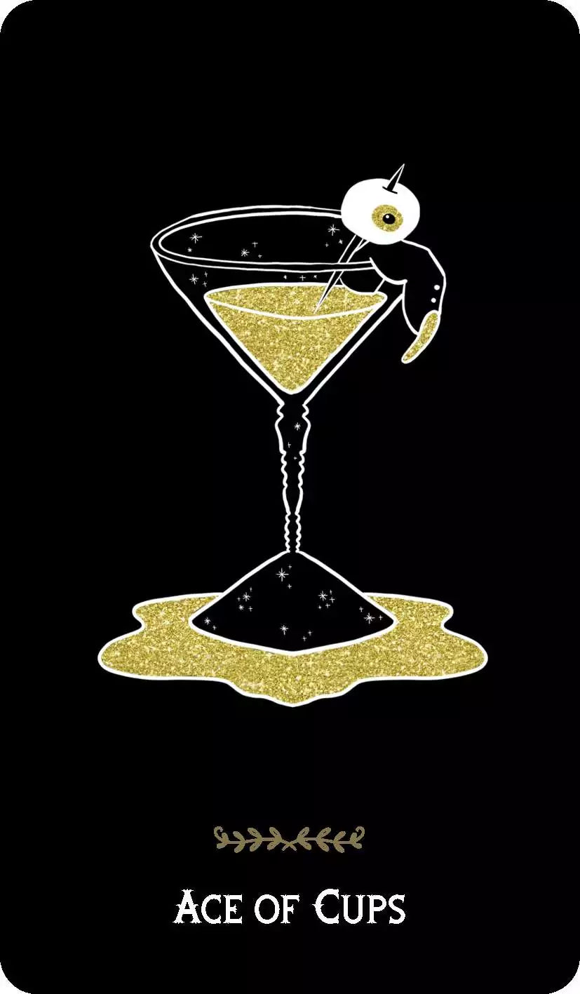 Macabre Tarot card featuring a stylized golden cocktail glass illustration with a playful hand and golden liquid drops in minimal graphic style.