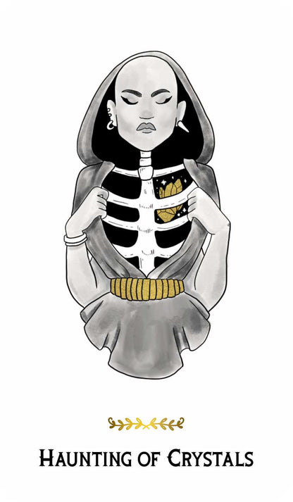 Macabre Tarot card depicting a skeletal-torso figure in a hooded cloak holding a crystal, rendered in monochromatic style with gold accents.