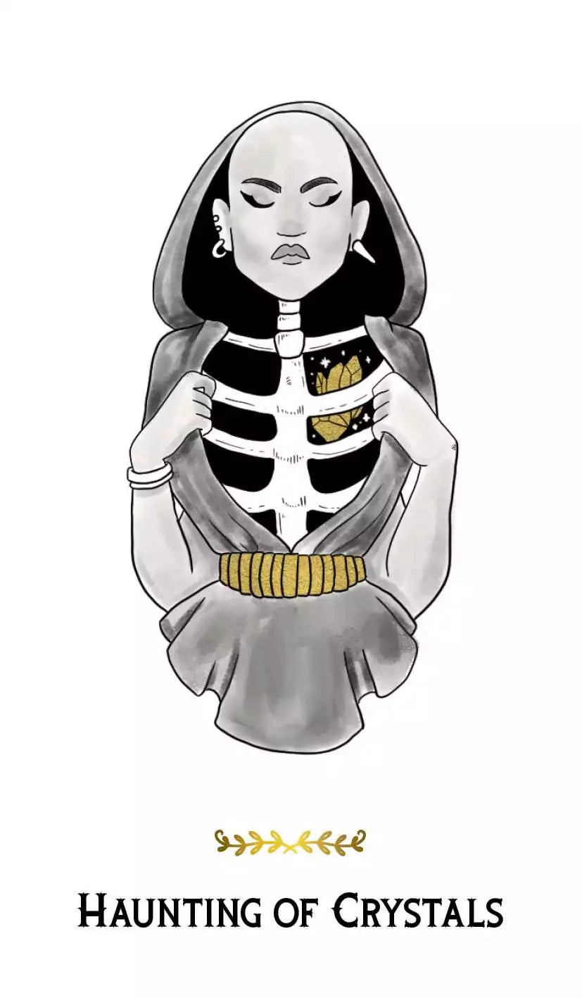 Macabre Tarot card depicting a skeletal-torso figure in a hooded cloak holding a crystal, rendered in monochromatic style with gold accents.