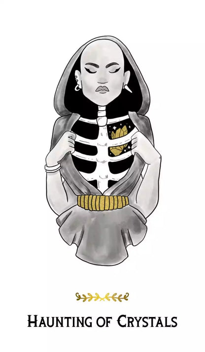 Macabre Tarot card depicting a skeletal-torso figure in a hooded cloak holding a crystal, rendered in monochromatic style with gold accents.
