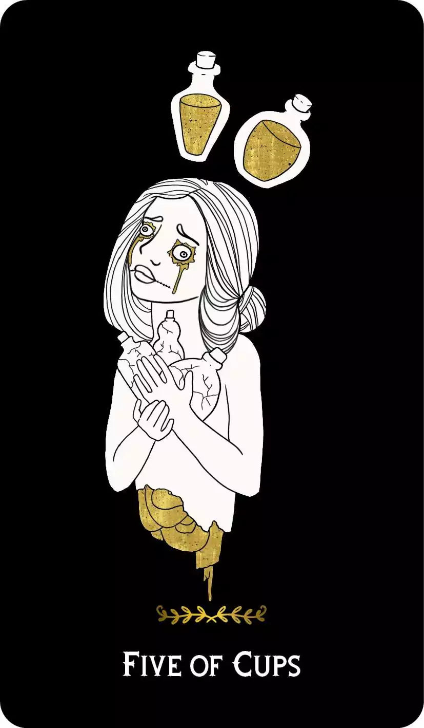 Macabre Tarot Five of Cups card depicting a distressed woman clutching three cups with two floating above, dark background with emotional imagery.