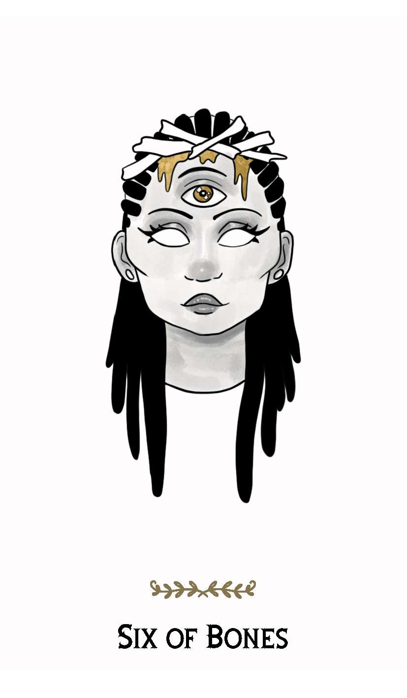 Macabre Tarot Six of Bones card showing a stylized person with a third eye and decorative bone hair accessories in mystical minimalist style.