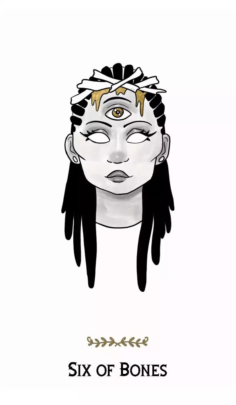Macabre Tarot Six of Bones card showing a stylized person with a third eye and decorative bone hair accessories in mystical minimalist style.