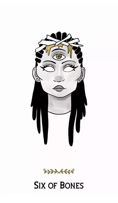 Macabre Tarot Six of Bones card showing a stylized person with a third eye and decorative bone hair accessories in mystical minimalist style.