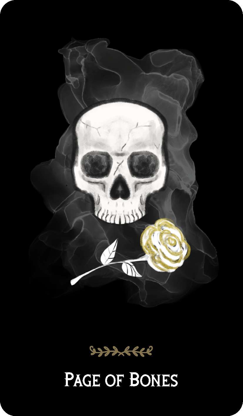 Macabre Tarot Page of Bones card showing a skull holding a yellow rose surrounded by smoky shadows on a dark atmospheric background.