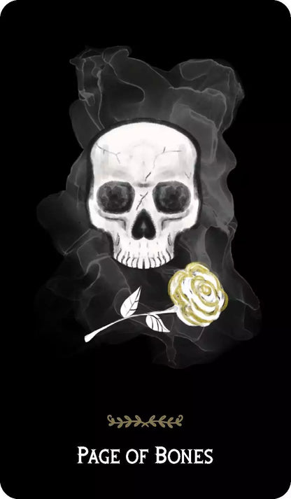 Macabre Tarot Page of Bones card showing a skull holding a yellow rose surrounded by smoky shadows on a dark atmospheric background.