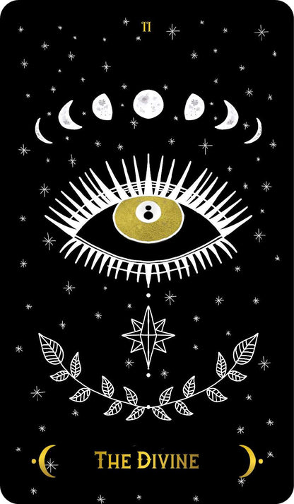 Macabre Tarot The Divine card featuring a central eye surrounded by moon phases and star motifs against a stark black background.