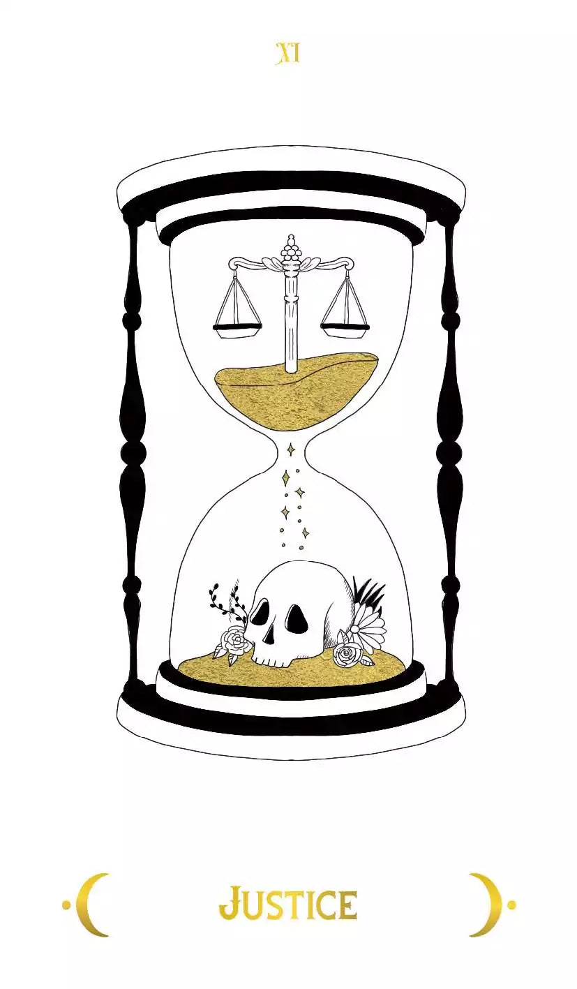 Macabre Tarot Justice card featuring an hourglass with scales of justice at top and a skull surrounded by flowers at the bottom, balancing life and death.