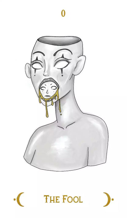 Macabre Tarot card featuring a surreal faceless figure with a small crying face emerging from its mouth on a minimal monochromatic background.
