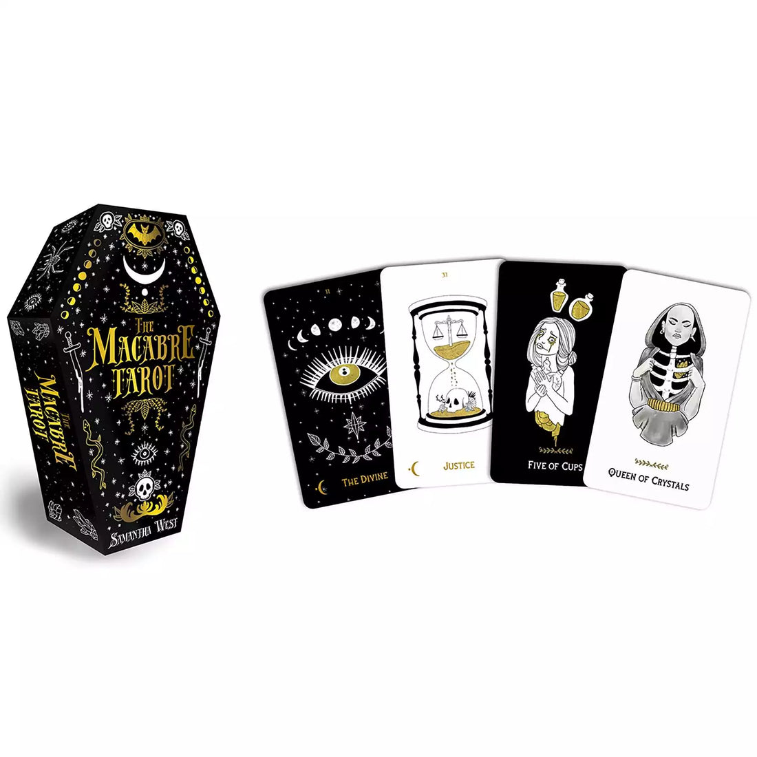 Macabre Tarot coffin-shaped box with black and white illustrated cards spread around it showing gothic skull and mystical character designs.