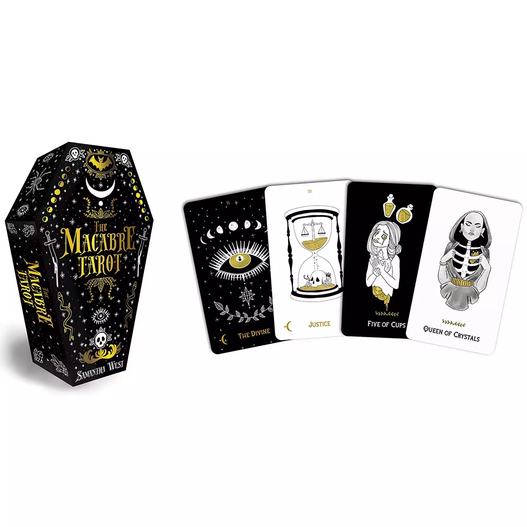 Macabre Tarot coffin-shaped box with black and white illustrated cards spread around it showing gothic skull and mystical character designs.