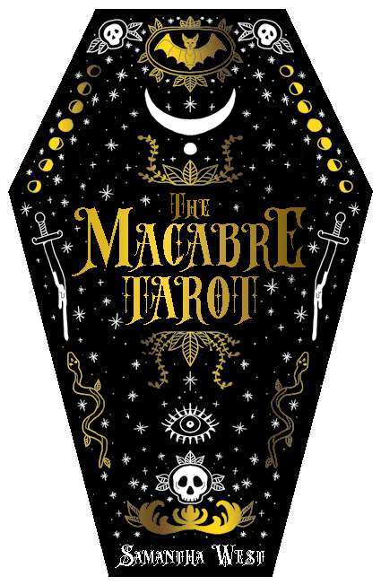The Macabre Tarot coffin-shaped deck cover with gold lettering on black background decorated with bats, skulls, and snakes — gothic collector&