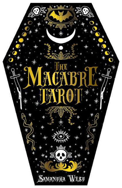 The Macabre Tarot coffin-shaped deck cover with gold lettering on black background decorated with bats, skulls, and snakes — gothic collector&