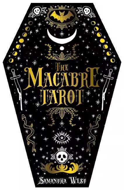 The Macabre Tarot coffin-shaped deck cover with gold lettering on black background decorated with bats, skulls, and snakes — gothic collector&