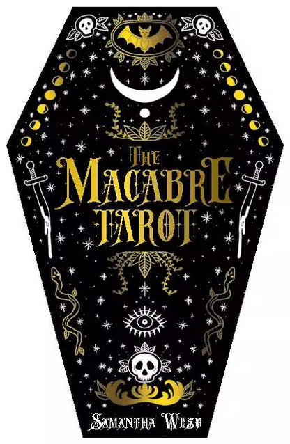 The Macabre Tarot coffin-shaped deck cover with gold lettering on black background decorated with bats, skulls, and snakes — gothic collector&