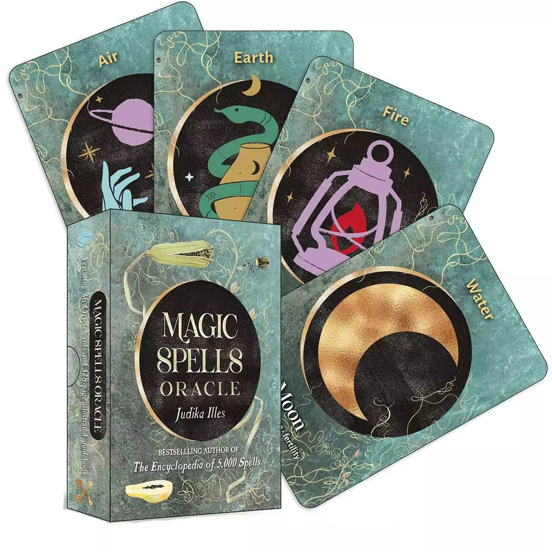 Magic Spells Oracle deck box by Judika Illes showing colorful folk magic cover art with bold illustrated design and title text