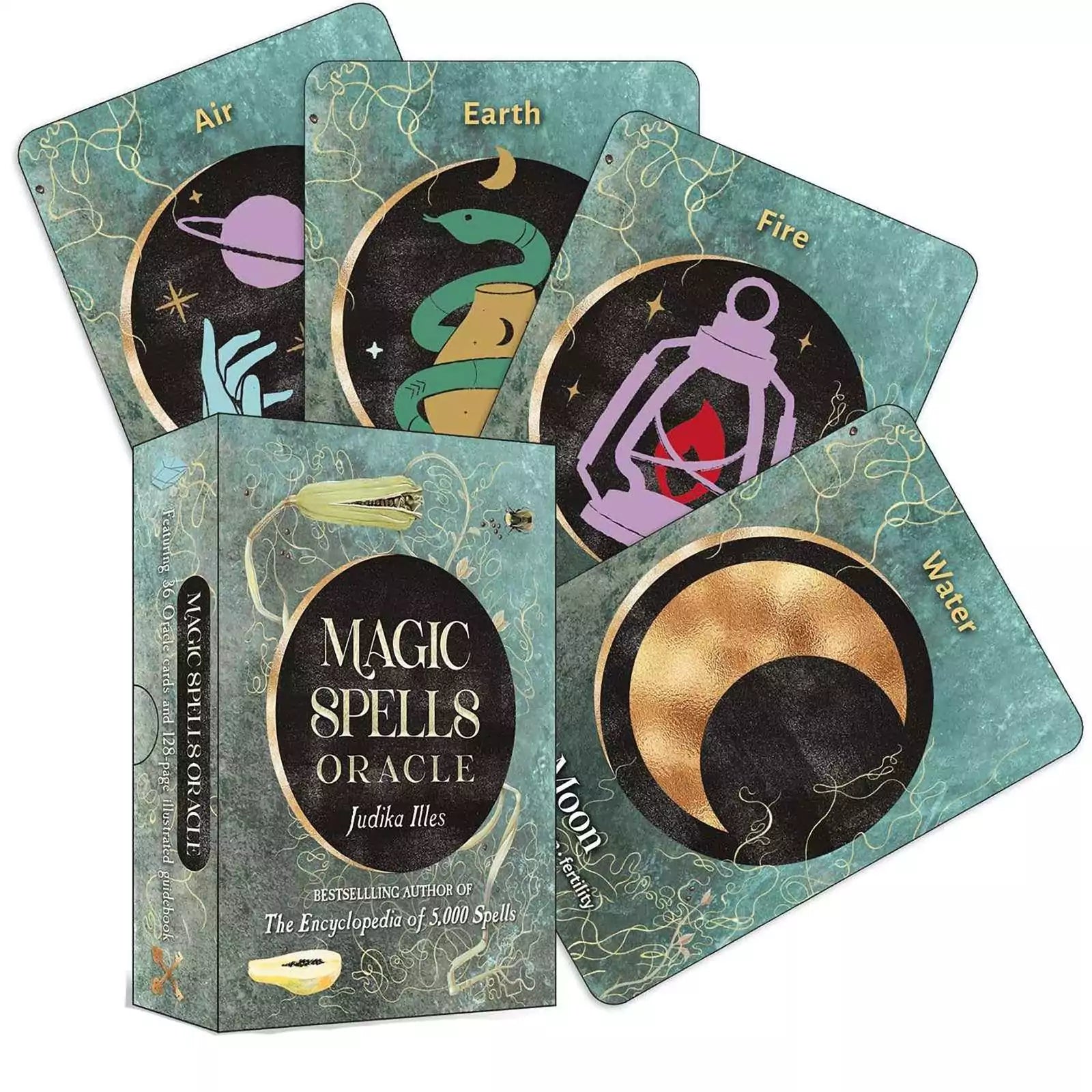 Magic Spells Oracle deck box by Judika Illes showing colorful folk magic cover art with bold illustrated design and title text