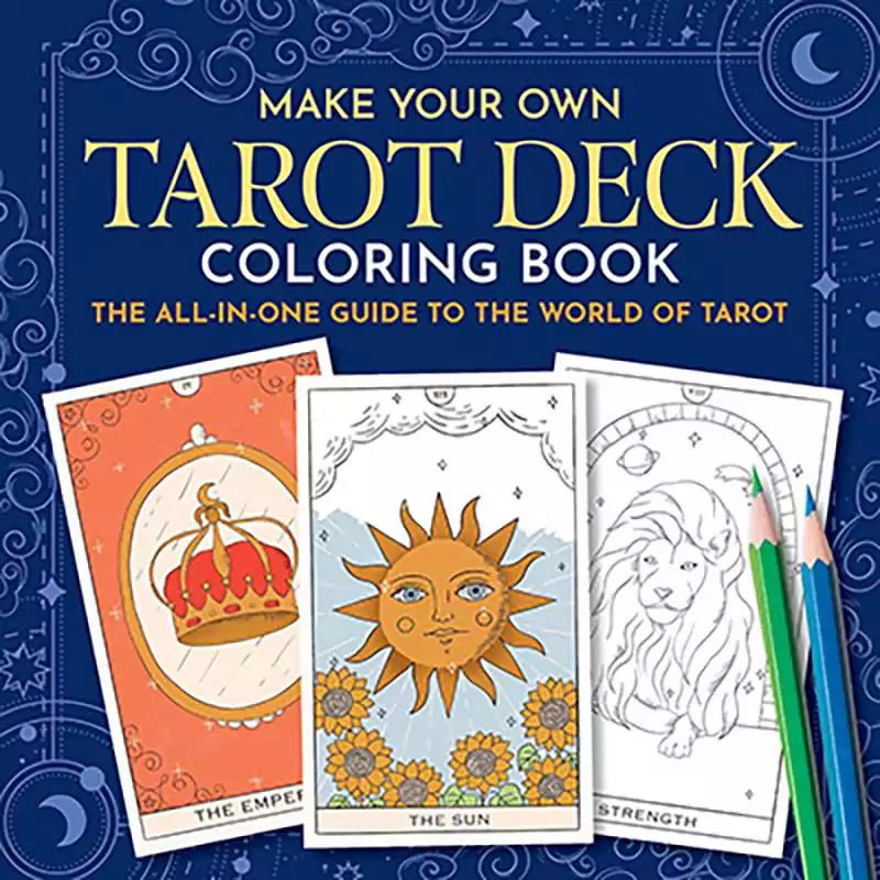 Make Your Own Tarot Deck coloring kit cover showing outlined tarot cards including The Emperor and The Sun alongside colored pencils for DIY personalization.