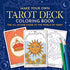 Make Your Own Tarot Deck coloring kit cover showing outlined tarot cards including The Emperor and The Sun alongside colored pencils for DIY personalization.