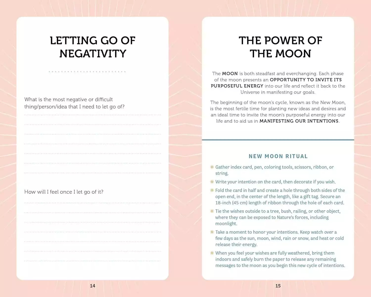 Manifestation Cards guidebook two-page spread featuring sections on Letting Go of Negativity — journaling prompts for intention-setting practice.