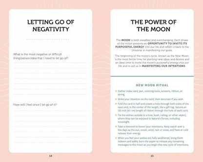 Manifestation Cards guidebook two-page spread featuring sections on Letting Go of Negativity — journaling prompts for intention-setting practice.