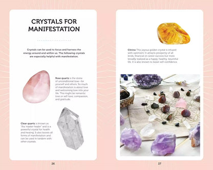 Visual guide from Manifestation Cards showing crystal pairings and their properties for amplifying abundance and manifestation energy.