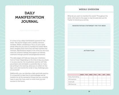 Manifestation Cards guided journal layout with daily practice sections for recording intentions, goals, and manifestation progress.