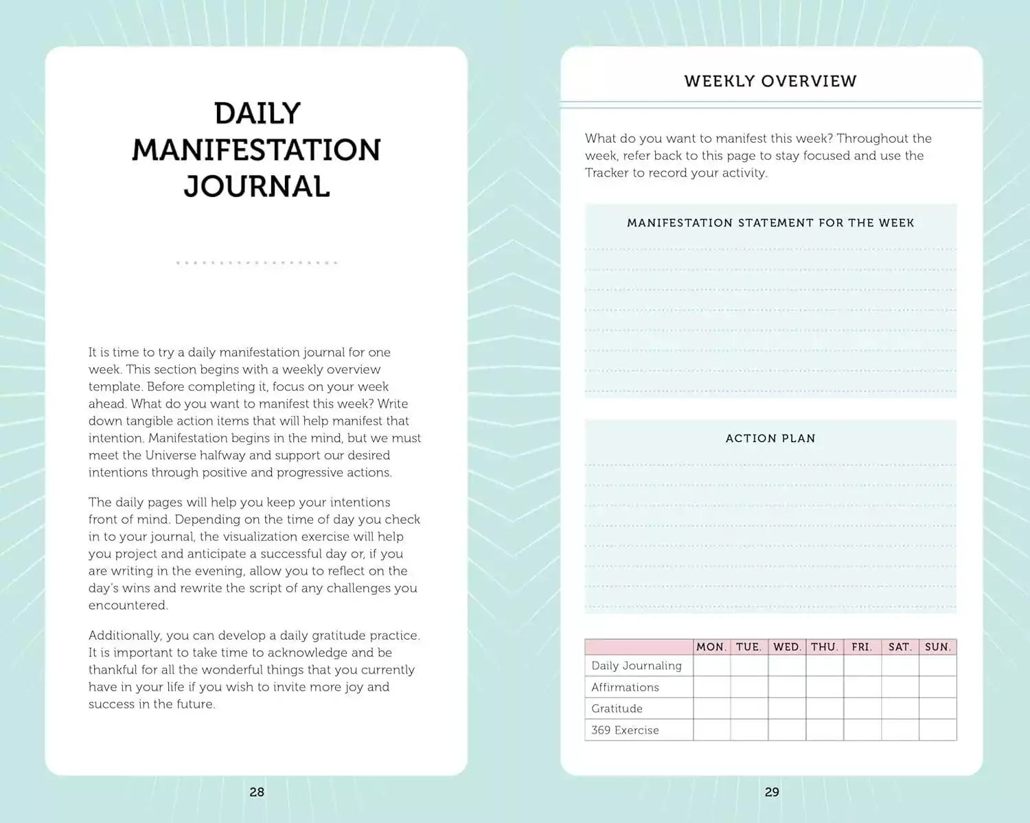 Manifestation Cards guided journal layout with daily practice sections for recording intentions, goals, and manifestation progress.